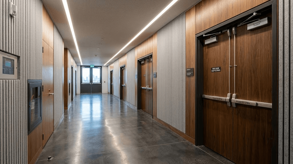 High-performance acoustic cum fire-rated doors installed in commercial facility