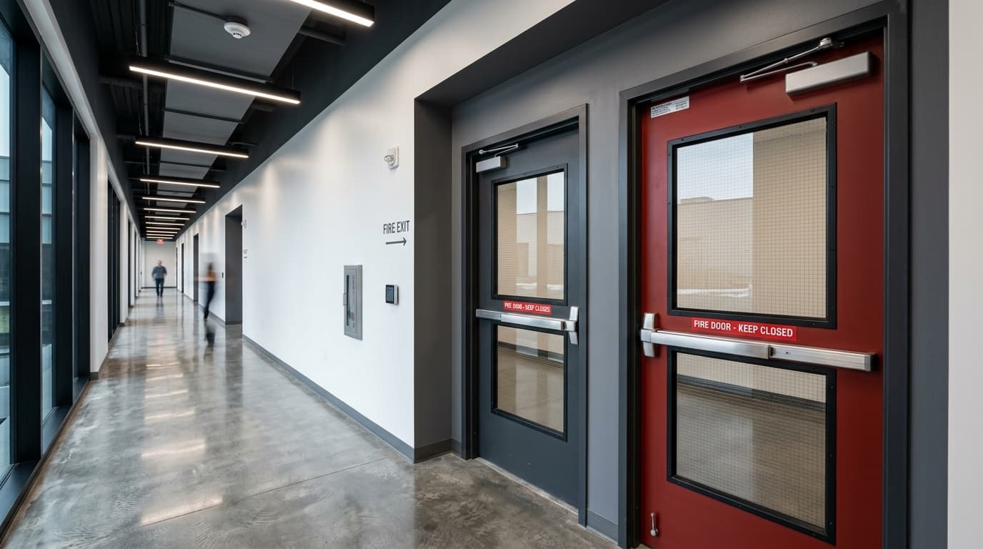 High-performance industrial red and charcoal hollow metal fire-rated doors in commercial facility corridor