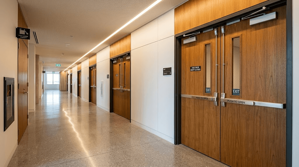 High-performance architectural wooden fire-rated doors installed in luxury commercial interior